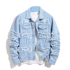 Men's Distressed Denim Jacket with Layered Patchwork Streetwear Design