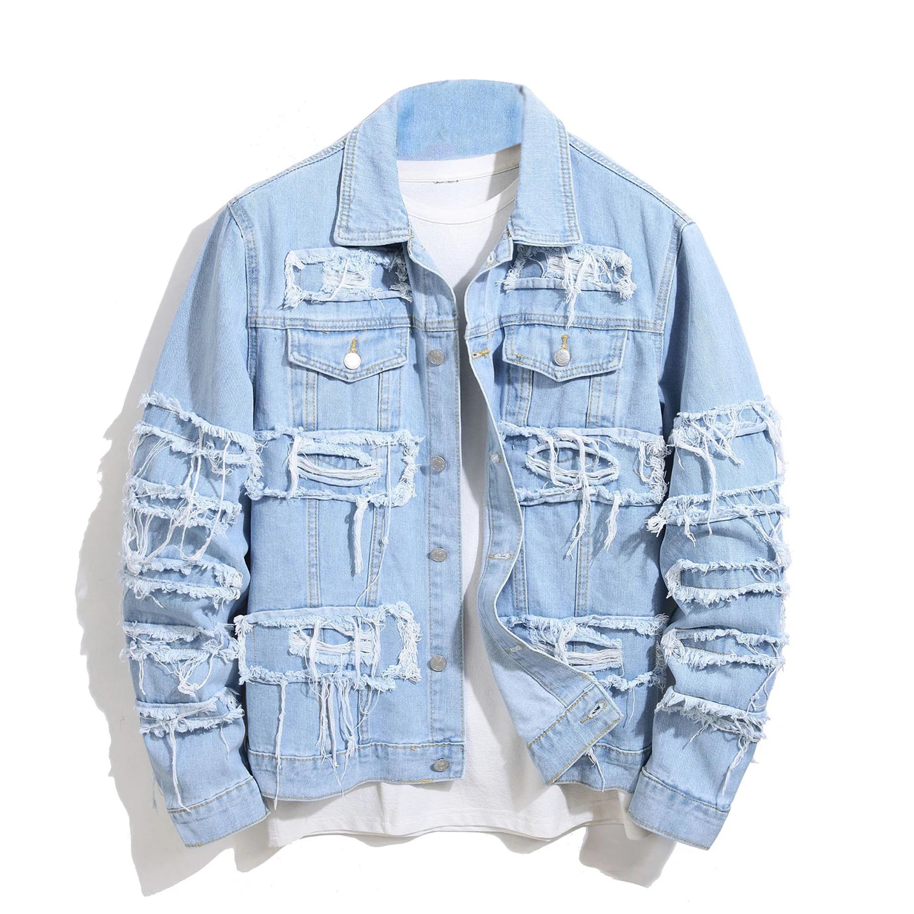 Men's Distressed Denim Jacket with Layered Patchwork Streetwear Design