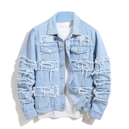 Men's Distressed Denim Jacket with Layered Patchwork Streetwear Design