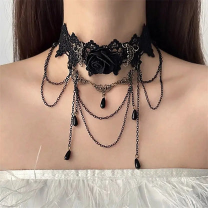 Victorian Lace Choker Necklace with Teardrop Charms for Gothic Dark Feminine Fashion Looks