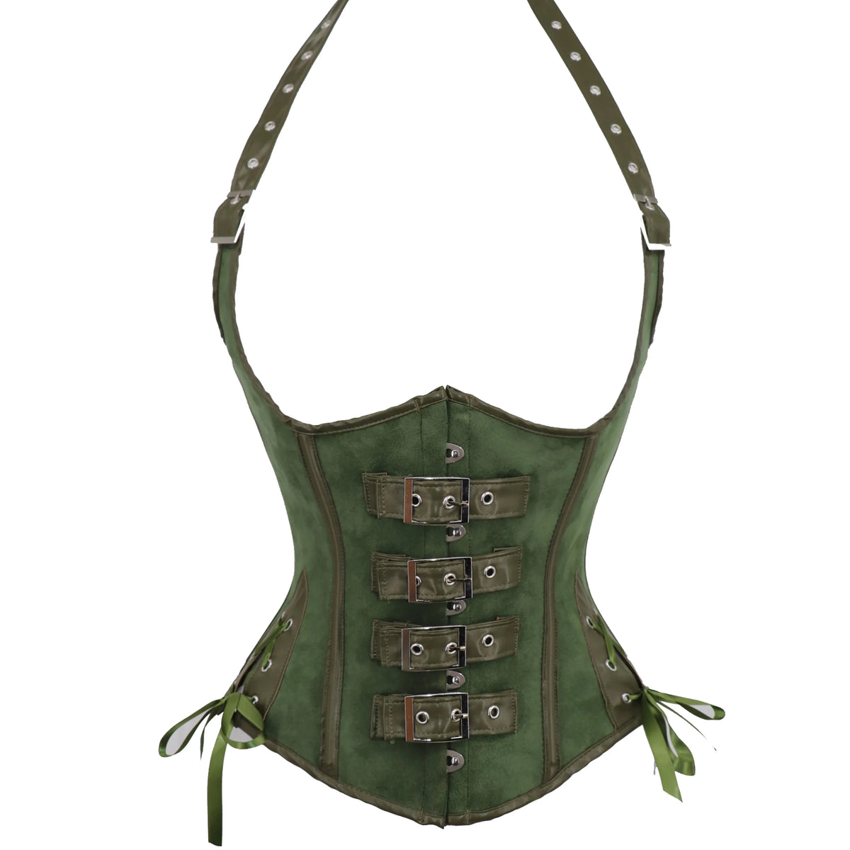 Black Faux Leather Halter Underbust Corset with Heavy-Duty Buckles and Ribbon Lacing