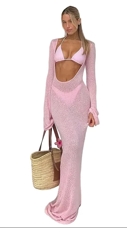 Three-Piece Swimwear Set with Pink Bikini and Sheer Long-Sleeve Maxi Cover-Up