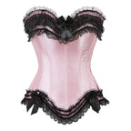 Playful Pink Satin Overbust Corset with Lace Trim and Delicate Bow Accents