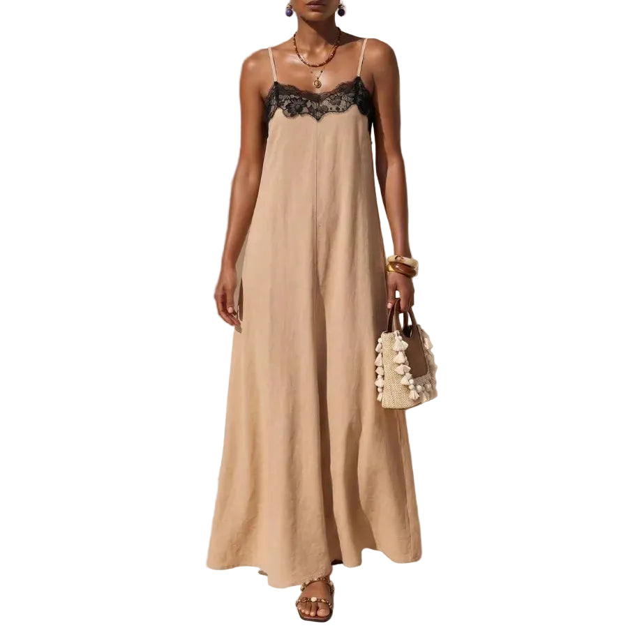 Contrast Trim Maxi Dress With Soft A Line Flowing Silhouette