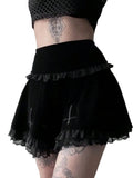 Velvet Lace Trim Mini Skirt Cross Detail Gothic Alternative Fashion Bottom
