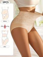 Five-Piece High-Waisted Brief Set with Wide Jacquard Floral Waistbands