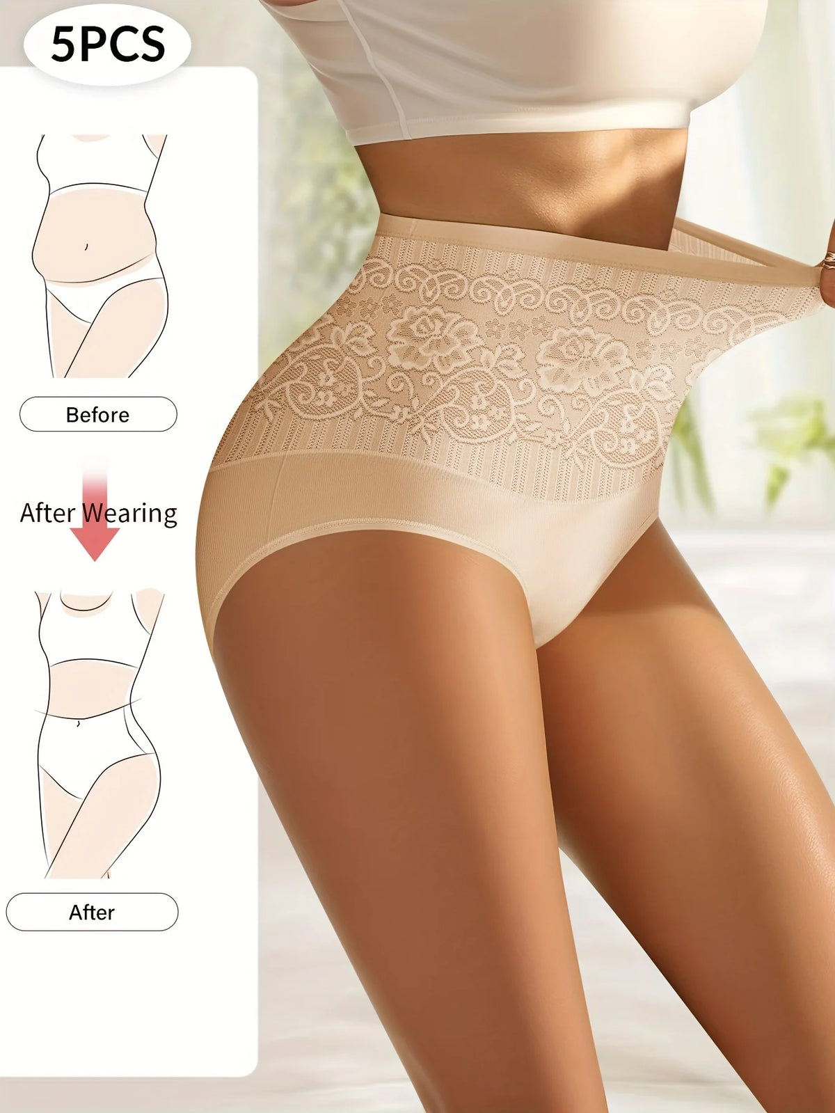 Five-Piece High-Waisted Brief Set with Wide Jacquard Floral Waistbands