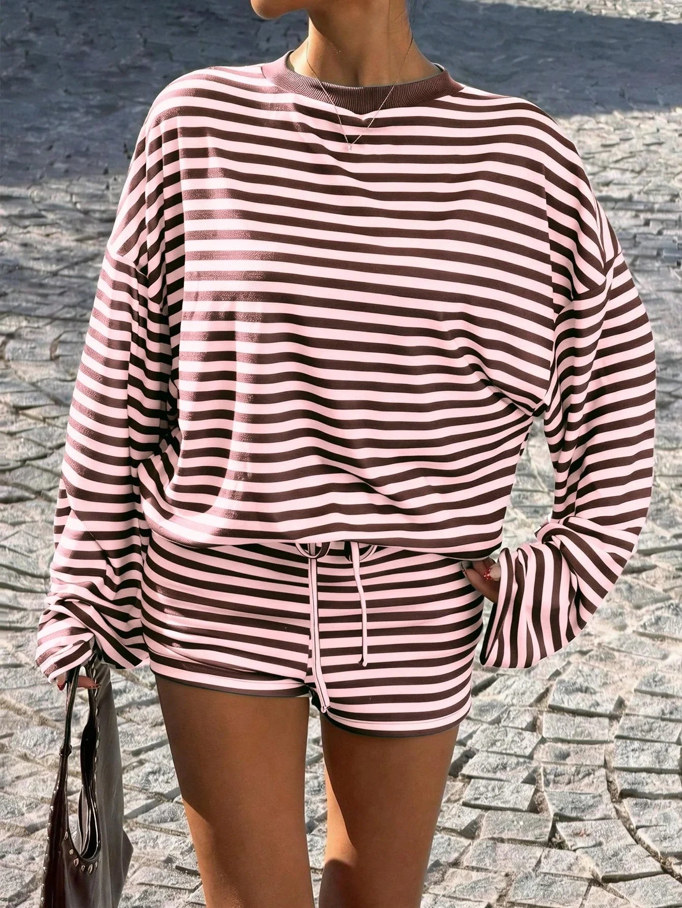 Striped Long Sleeve Top and Drawstring Shorts Casual Co-Ord Set