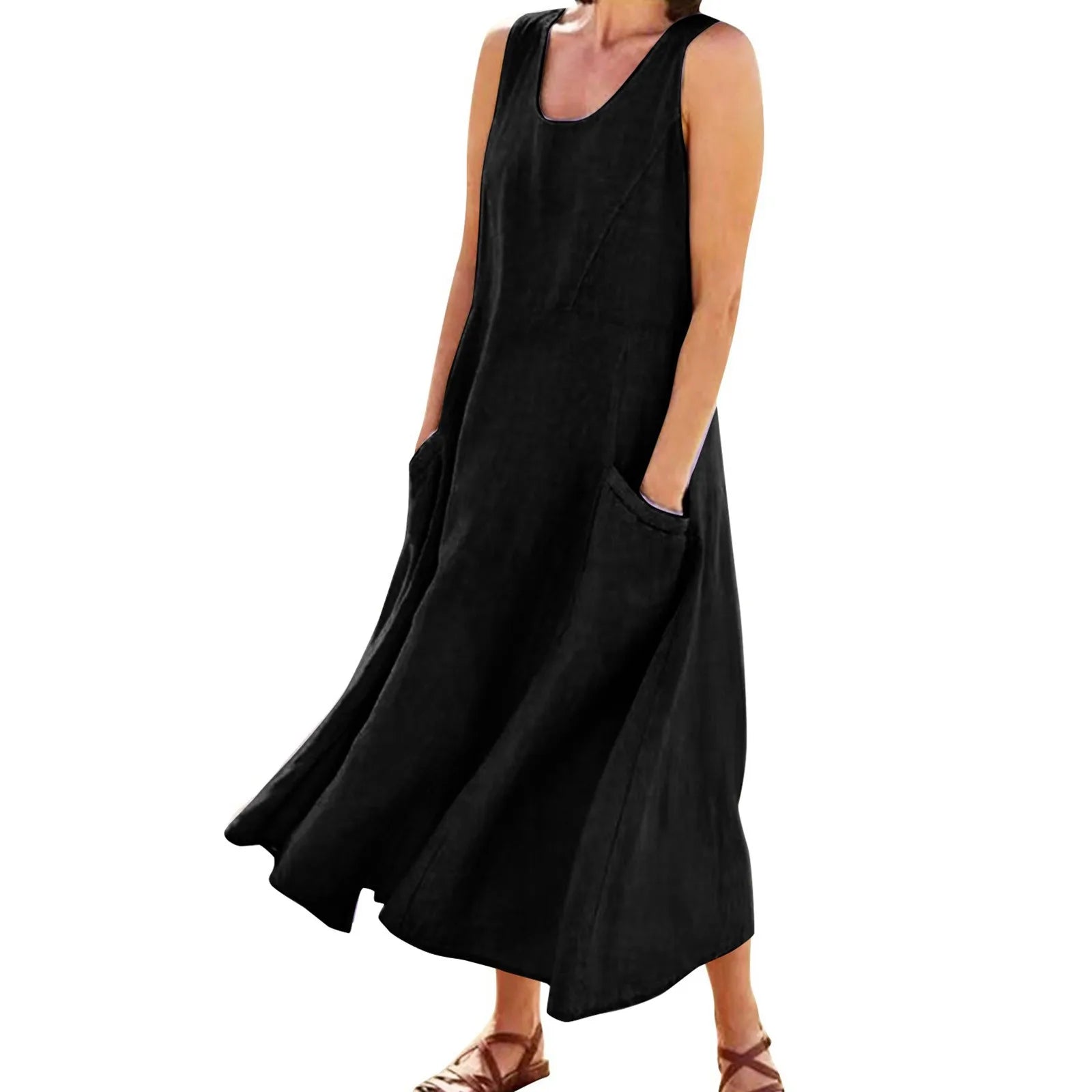 Relaxed Sleeveless Tank Maxi Dress with Pockets and Flowy Silhouette