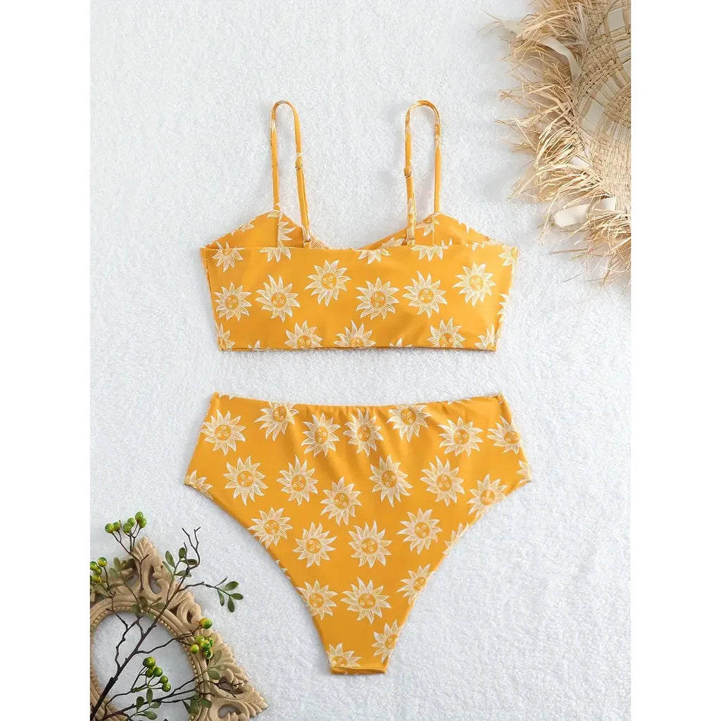 Cheerful Yellow Floral High-Waisted Bikini with Front-Knot Detail