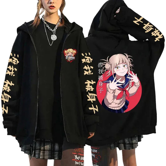 Anime Manga Graphic Zip Hoodie With Oversized Streetwear Character Artwork