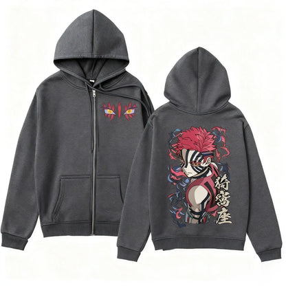 Anime-Inspired Manga Streetwear Zip Hoodie with Fierce Warrior Graphic