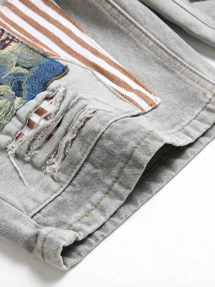 Men's Loose Fit Patchwork Denim Shorts with Distressed Details and Casual Streetwear Style