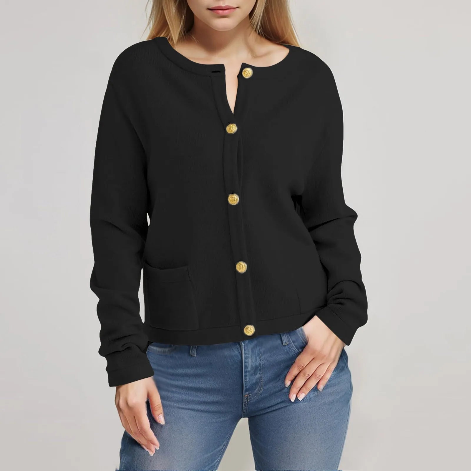 Women's Crew Neck Button Front Cardigan with Relaxed Everyday Fit and Pockets