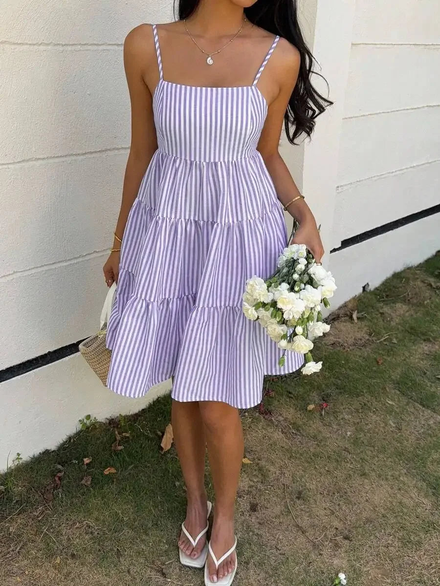 Striped Camisole Tiered Mini Dress With Square Neck And Flowy A-Line Fit