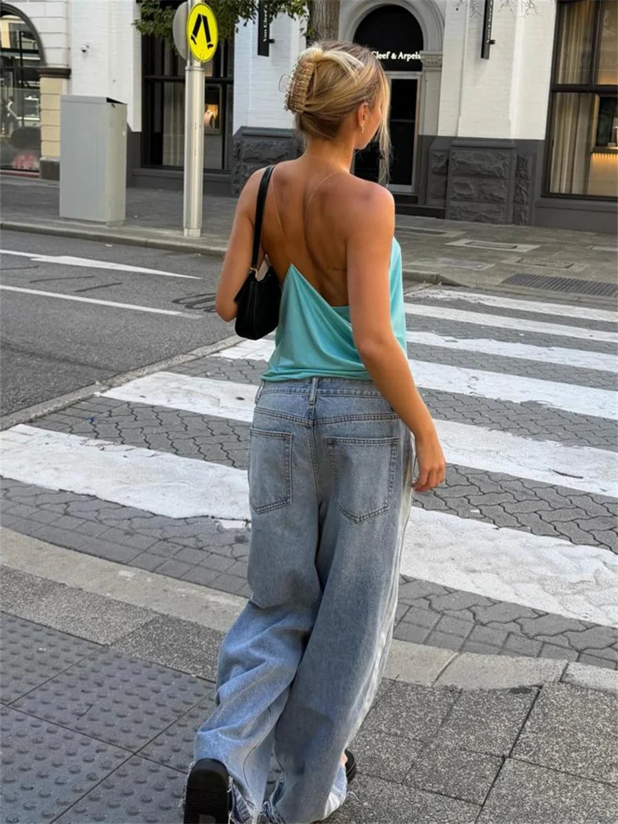Cross Halter Ruched Tank Top with Backless Design Contemporary Streetwear Style
