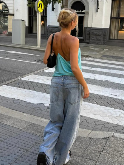 Cross Halter Ruched Tank Top with Backless Design Contemporary Streetwear Style