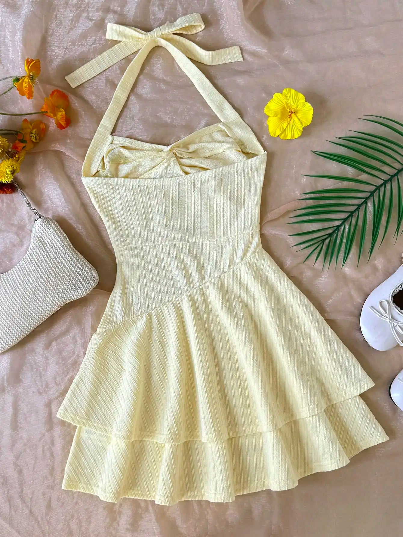 Ruched Halter Mini Dress with Tie Neck Detail and Flared Hem