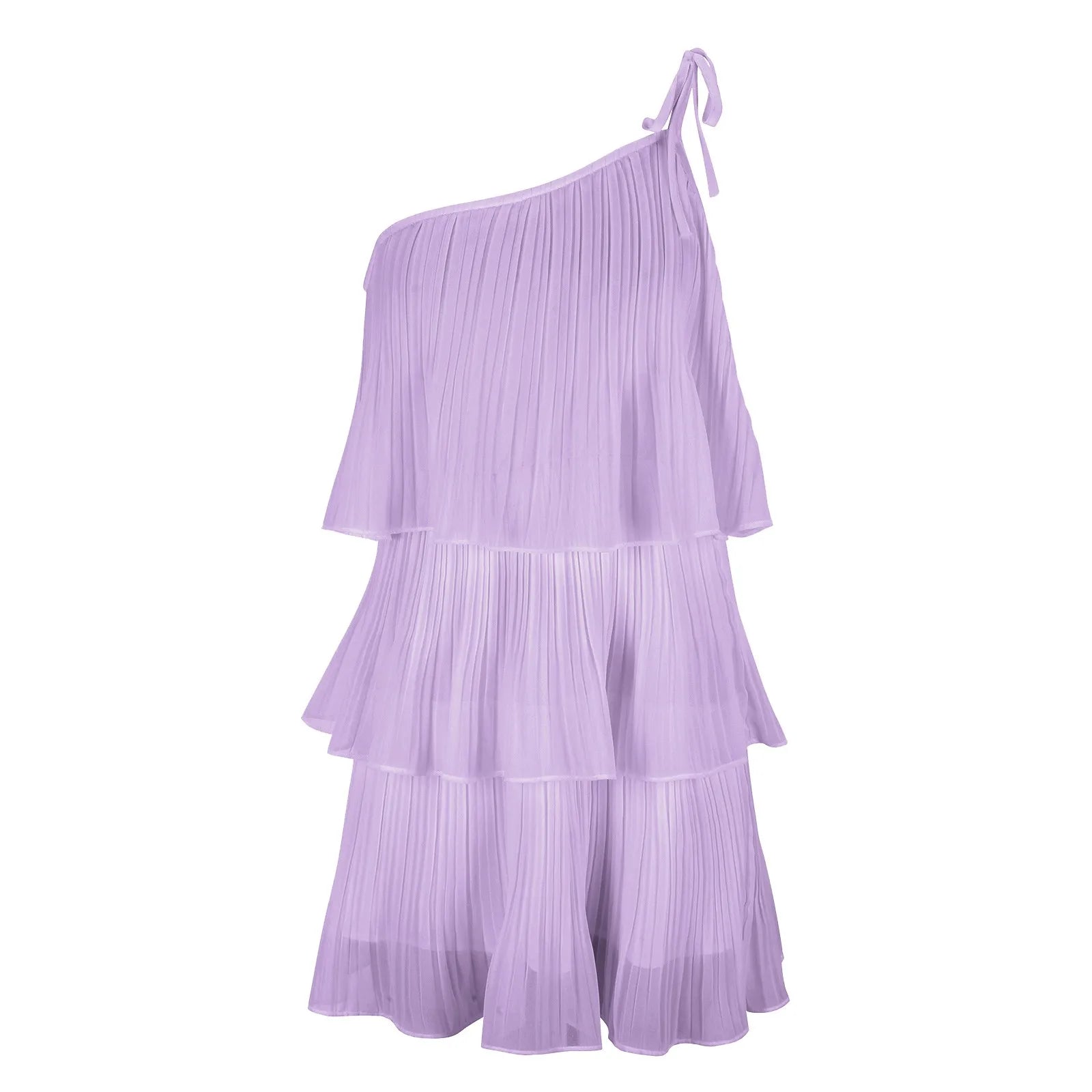 One Shoulder Tiered Mini Dress with Layered Flowy A-Line Silhouette