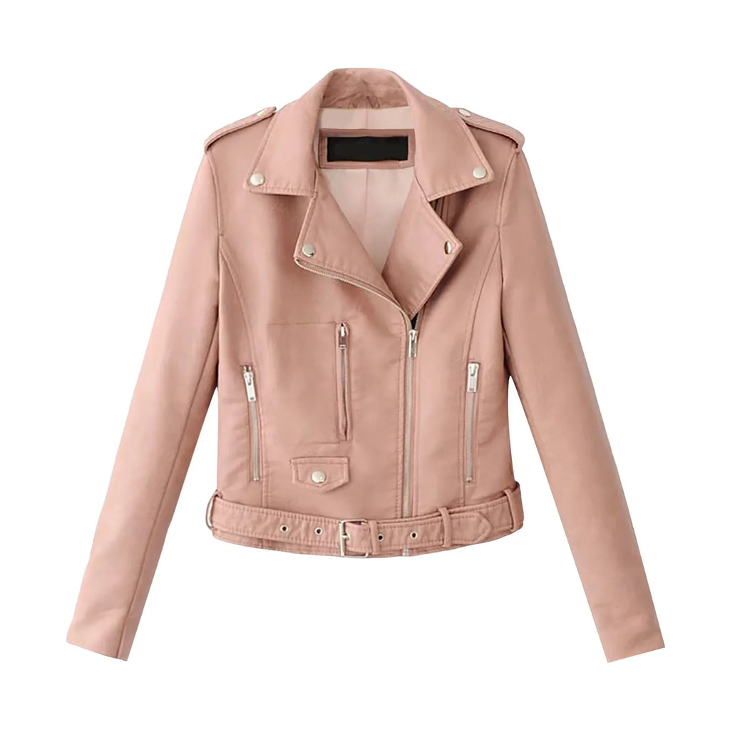 Women's Belted Faux Leather Moto Jacket with Asymmetrical Zip Streetwear Outerwear Style