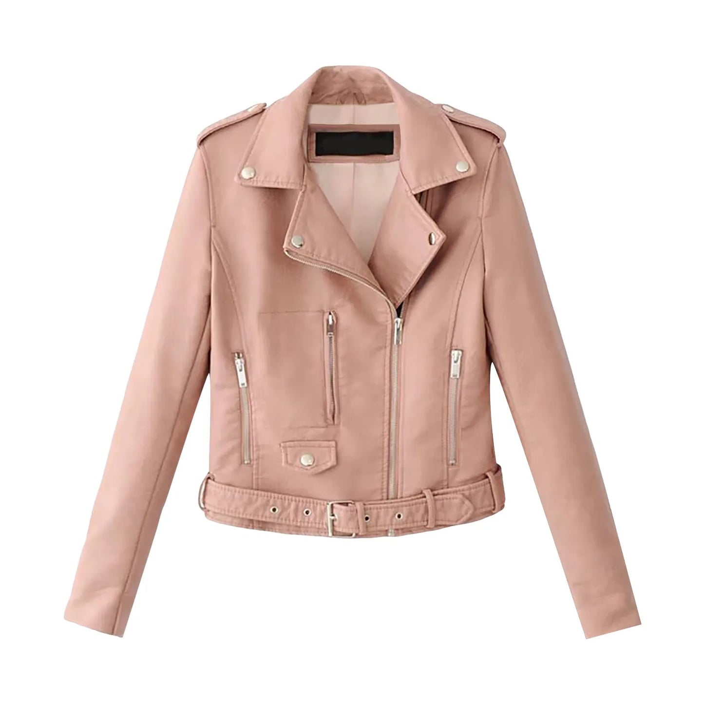 Women's Belted Faux Leather Moto Jacket with Asymmetrical Zip Streetwear Outerwear Style