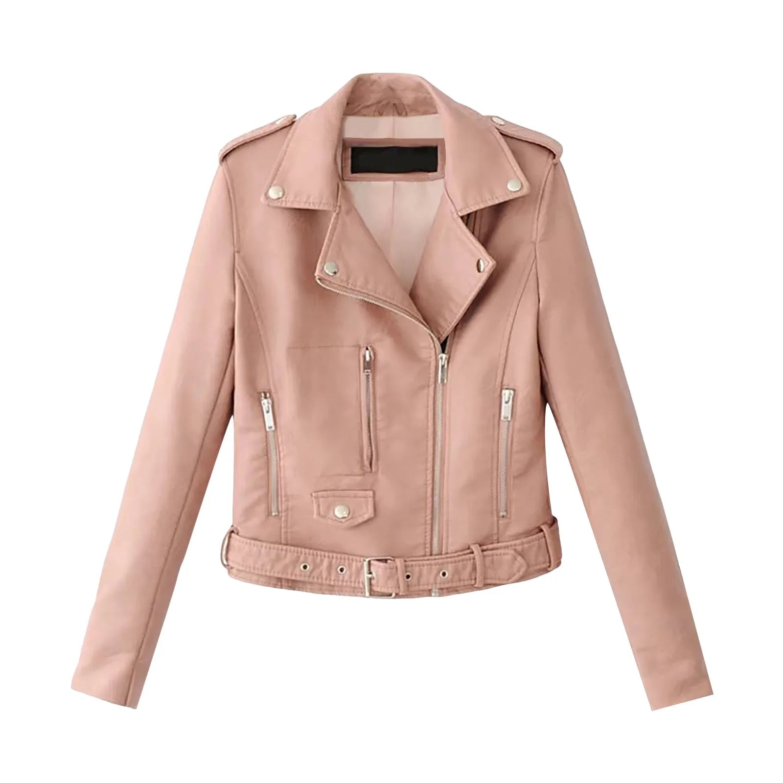 Women's Belted Faux Leather Moto Jacket with Asymmetrical Zip Streetwear Outerwear Style