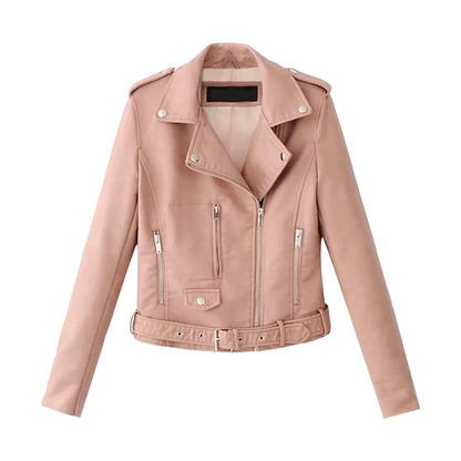 Women's Belted Faux Leather Moto Jacket with Asymmetrical Zip Streetwear Outerwear Style