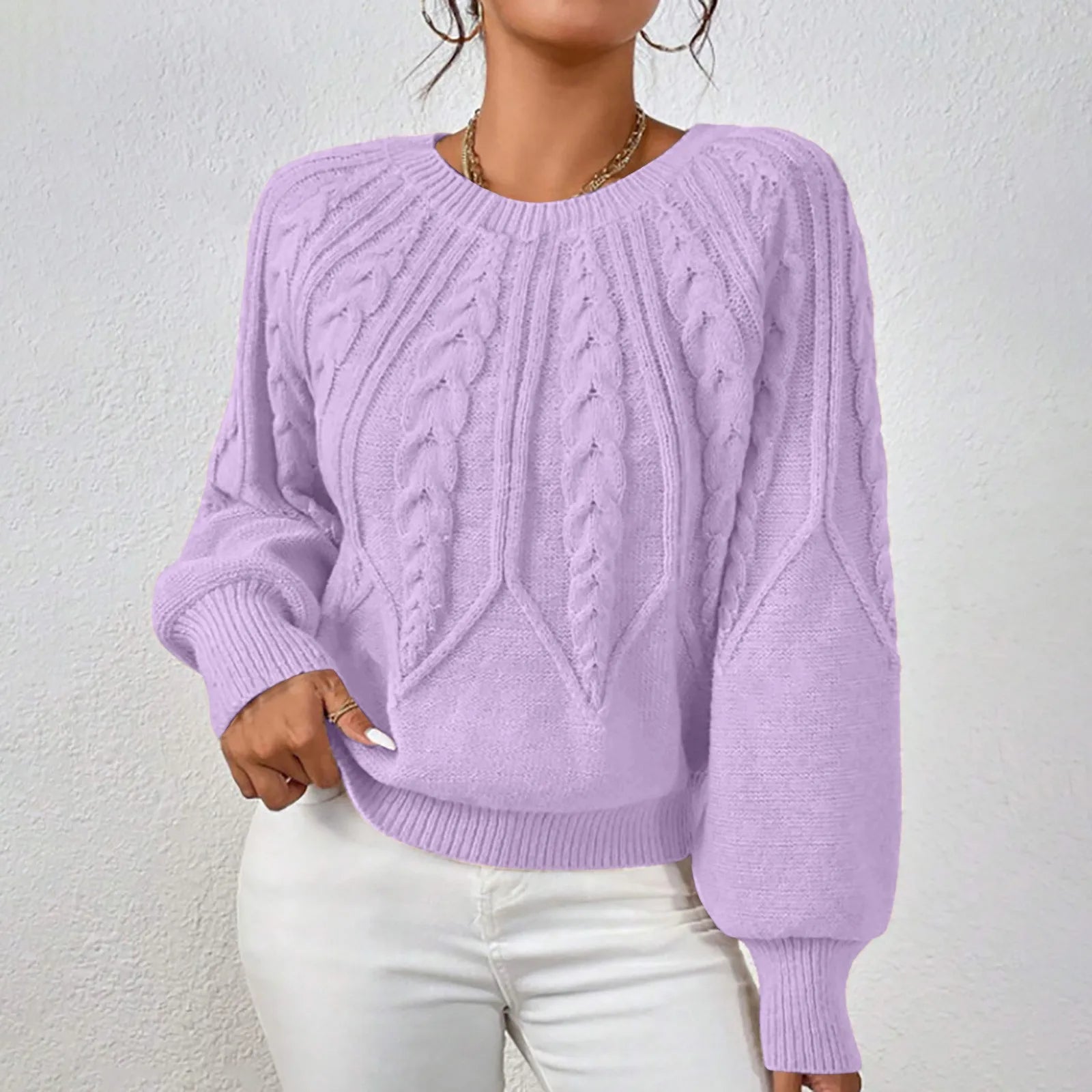 Women's Textured Cable Knit Crew Neck Relaxed Fit Sweater Pullover