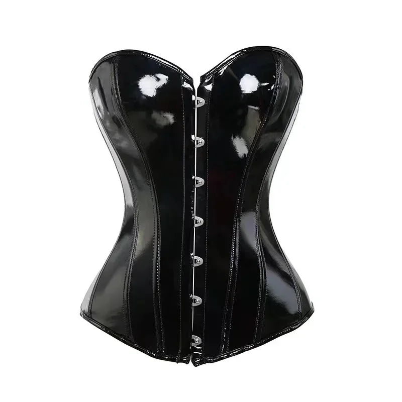 High-Shine Black Faux Leather Overbust Corset with Front Metal Busk