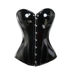 High-Shine Black Faux Leather Overbust Corset with Front Metal Busk