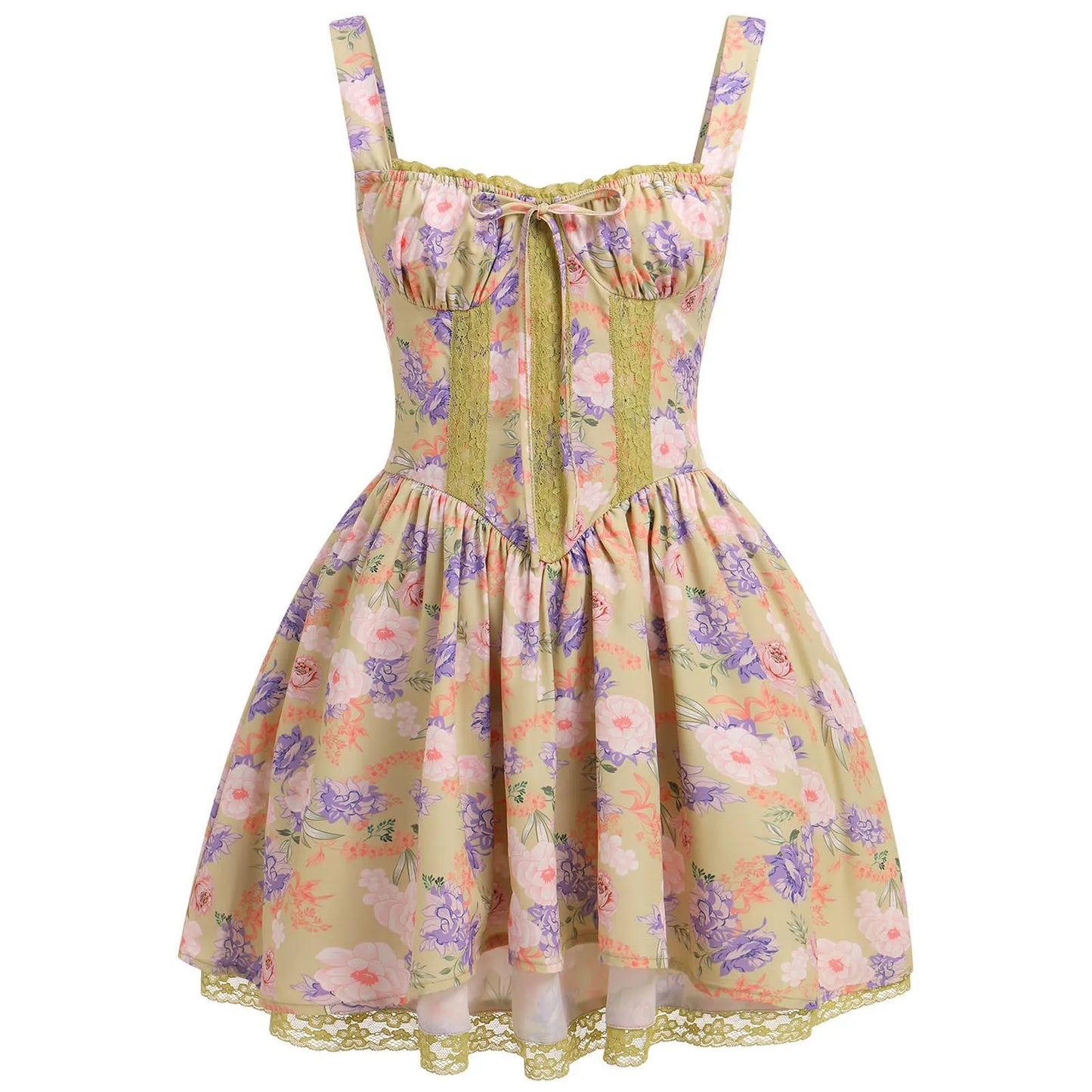 Floral Print Lace Trim Spaghetti Strap Mini Dress with Open Back Detail