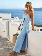 Striped Halter Top and Loose Wide Leg Pants Vacation Co-Ord Set