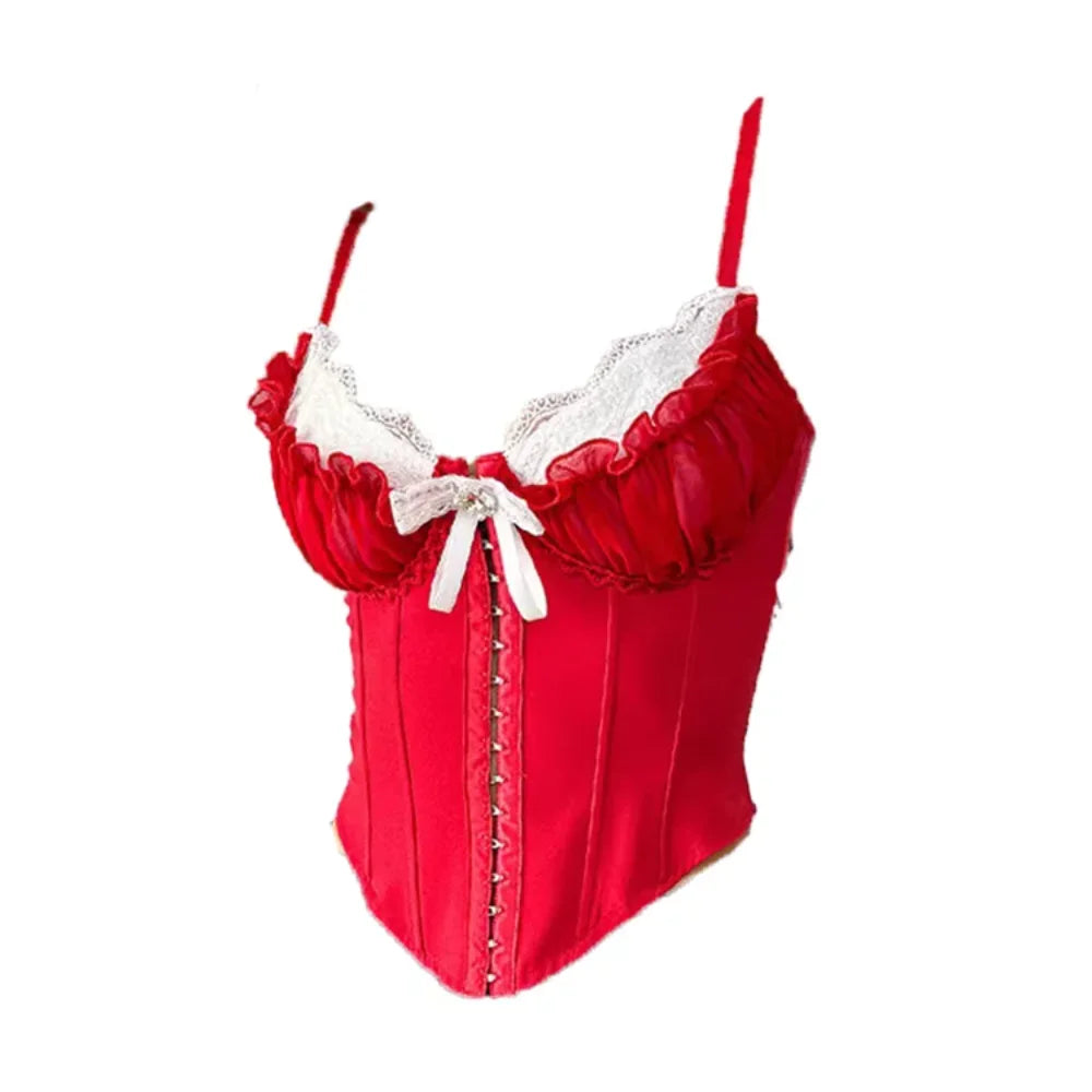 Vintage-Inspired Black Overbust Corset with White Ruffled Lace Trim