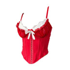 Vintage-Inspired Black Overbust Corset with White Ruffled Lace Trim