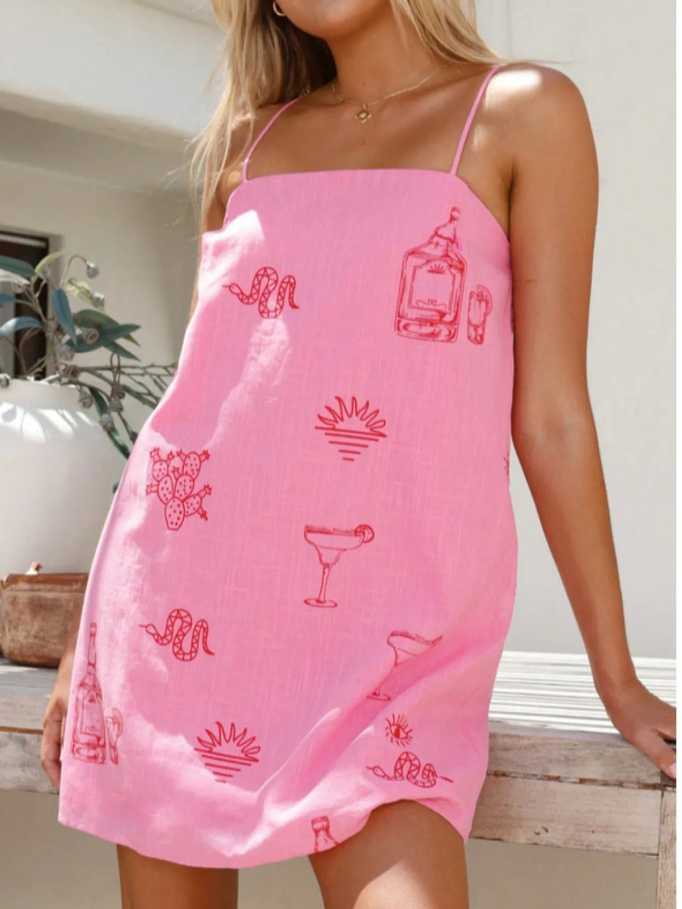 Spaghetti Strap Graphic Print A-Line Mini Dress with Relaxed Summer Silhouette