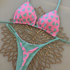 Playful Heart Print Triangle Bikini Set with Braided Pink Strap Detailing