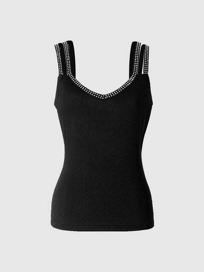 Double Strap V-Neck Tank Top with Rhinestone Trim Slim Fit Streetwear Camisole Style