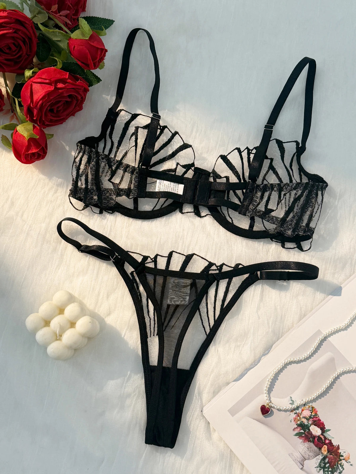 Architectural Black Linear Embroidery and Nude Mesh Underwire Set