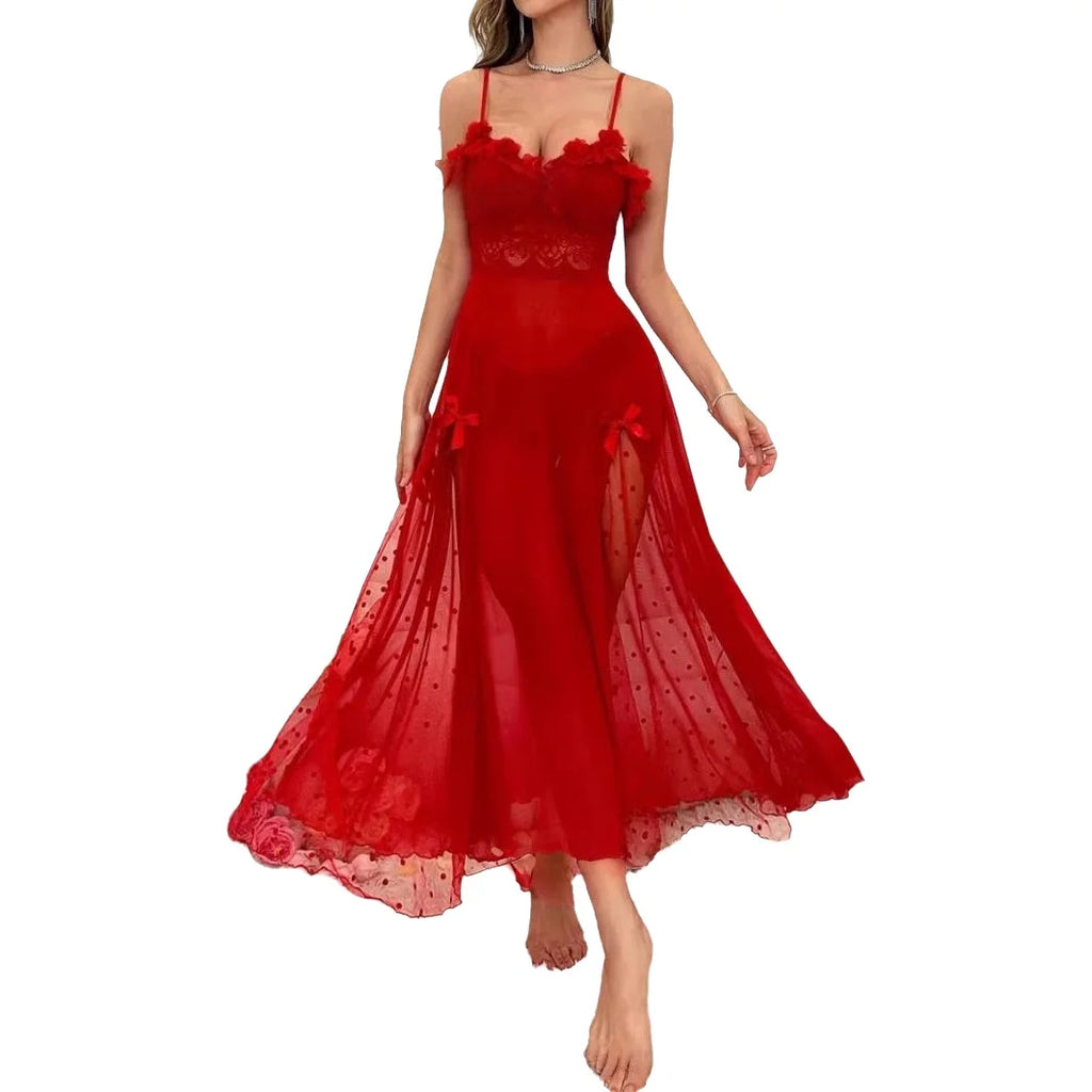 Dramatic Red Sheer Mesh Polka Dot Maxi Dress with Lace Bodice and High Slits