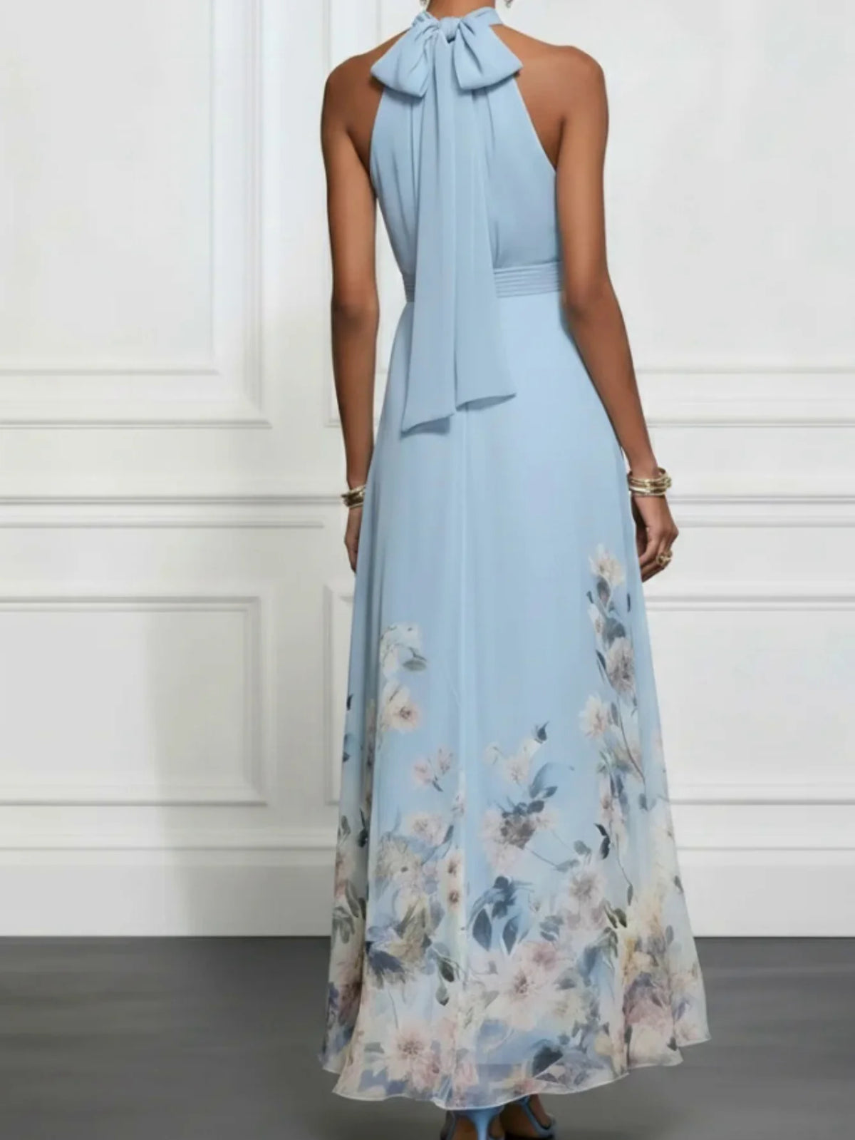 Ethereal Light Blue Halter Maxi Dress with Flowing Floral Print Hem