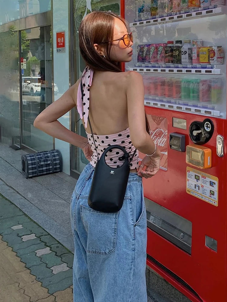 Polka Dot Halter Crop Top with V-Neck Slim Fit Streetwear Summer Style