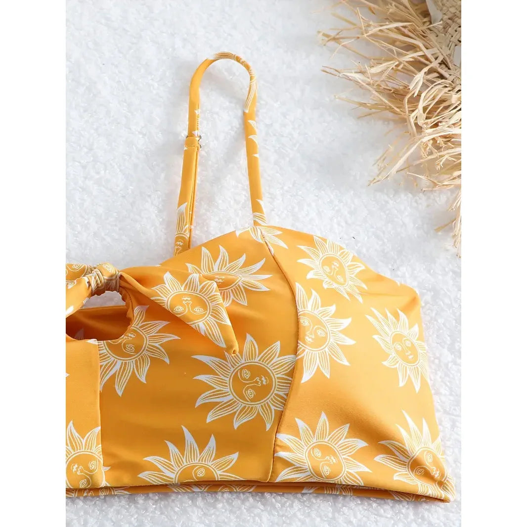 Cheerful Yellow Floral High-Waisted Bikini with Front-Knot Detail