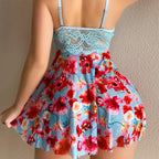 Vibrant Floral Print Flared Babydoll with Structured Underwire Cups and Lace Midriff