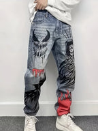 Men's Loose Fit Straight Leg Washed Denim Jeans with Artistic Graphic Streetwear Style
