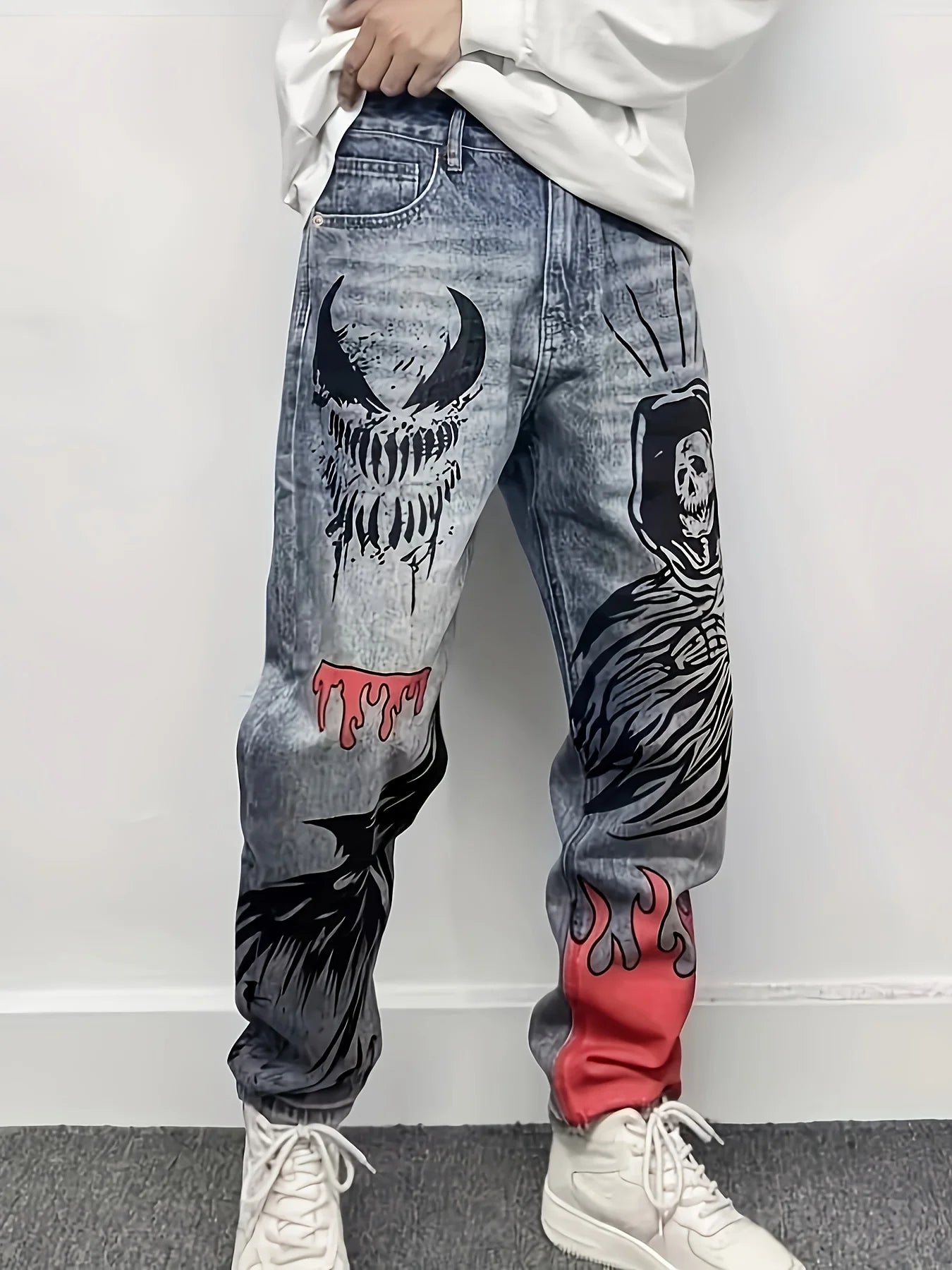 Men's Loose Fit Straight Leg Washed Denim Jeans with Artistic Graphic Streetwear Style