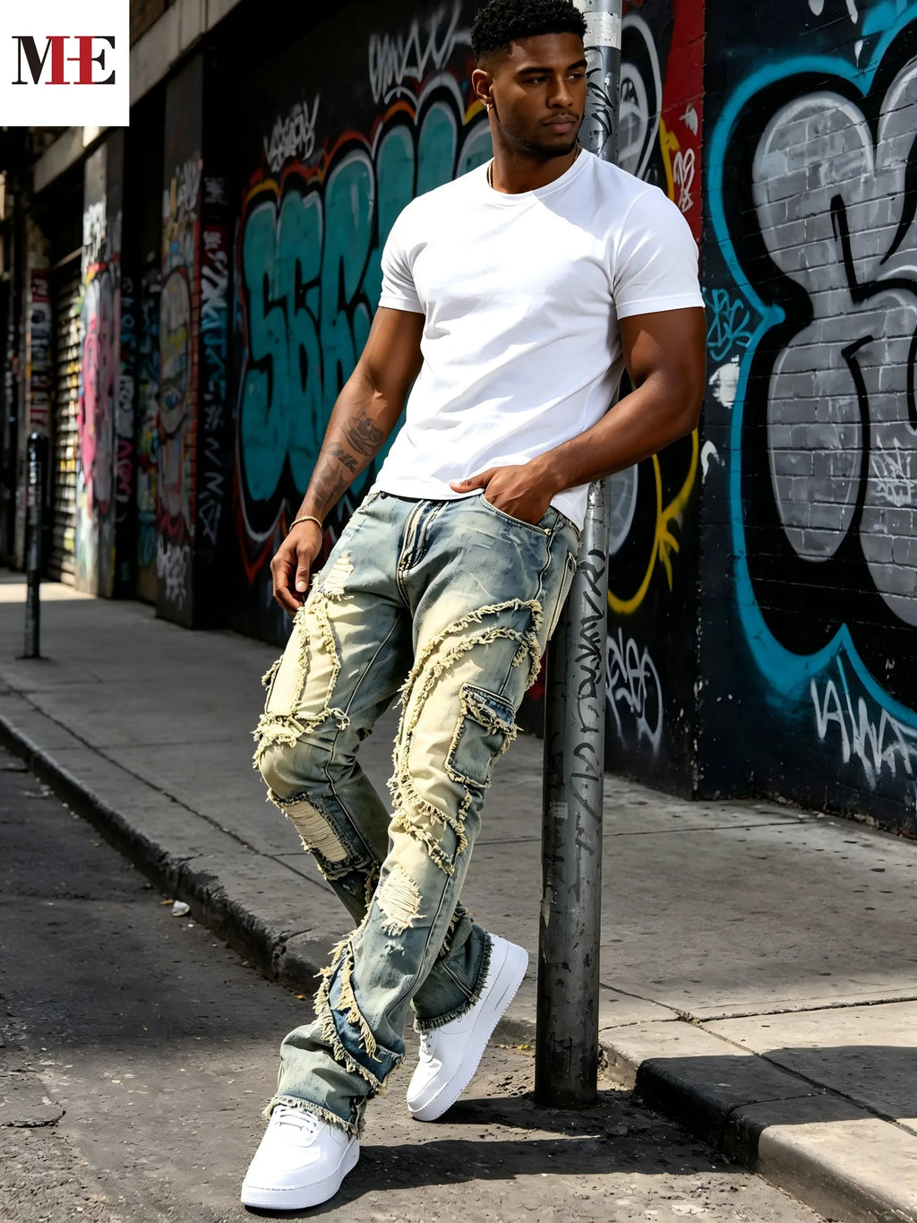 Men's Vintage Distressed Flared Denim Jeans with Frayed Layered Detail and Relaxed Fit