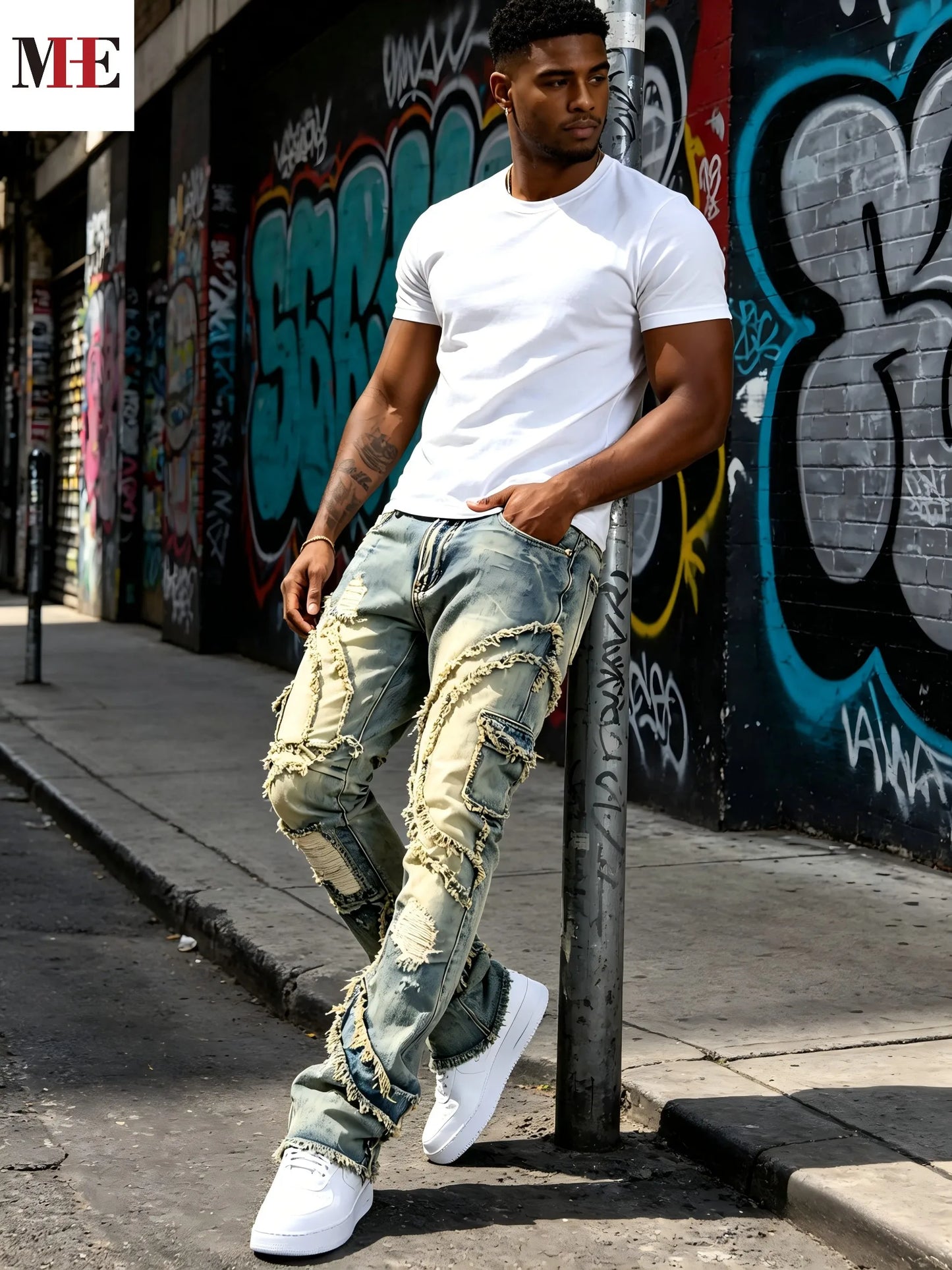 Men's Vintage Distressed Flared Denim Jeans with Frayed Layered Detail and Relaxed Fit