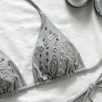 Grey Triangle String Bikini with Geometric Rhinestone Embellishments