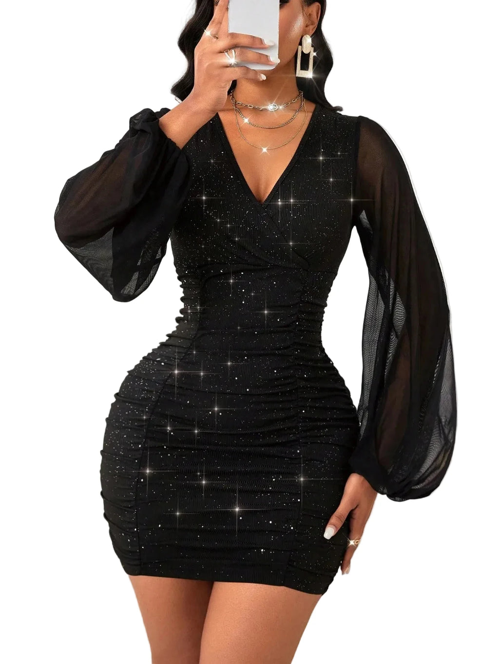 Glamorous Black Ruched Bodycon Dress with Sheer Lantern Sleeves and Sequin Accents