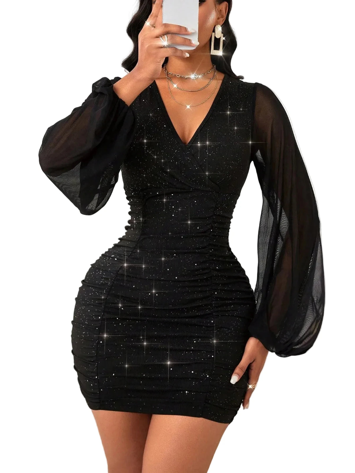 Glamorous Black Ruched Bodycon Dress with Sheer Lantern Sleeves and Sequin Accents